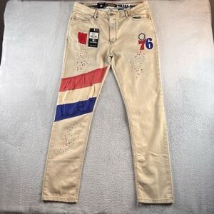 NWT FISLL NBA Philadelphia 76ers Distressed Denim Jeans Mens 36x32 Basketball